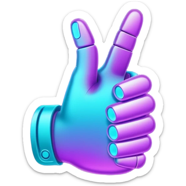 futuristic glowing thumbs up, neon purple and cyan light, dark background, digital tech style sticker