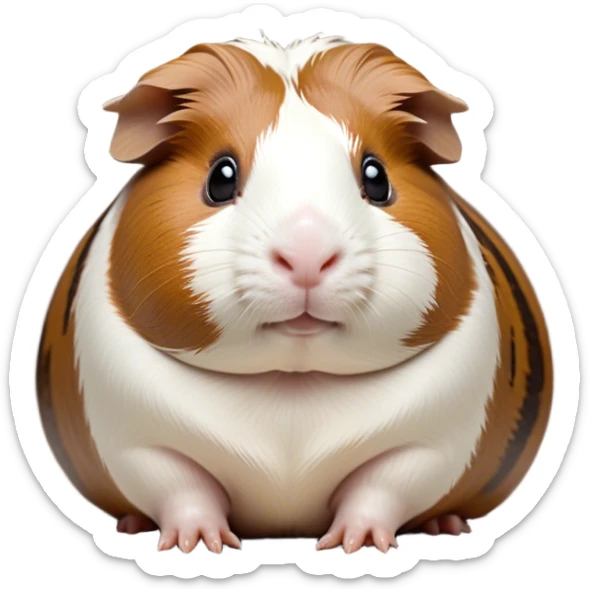 Cinematic Noble Brown and White Banded Guinea Pig Portrait Emoji, Poised and regal, with a compact, chubby build and a uniquely patterned coat of warm brown and crisp white banding, deep-set soulful dark eyes, Simplified yet sharp and sophisticated features, highly detailed, glowing with a soft, dignified glow, high shine, intelligent and charming, stylized with an air of distinctive elegance, focused and attentive, soft glowing outline, capturing the essence of a watchful and confident companion, so majestic it feels as though it could scurry out of the screen with effortless authority! sticker