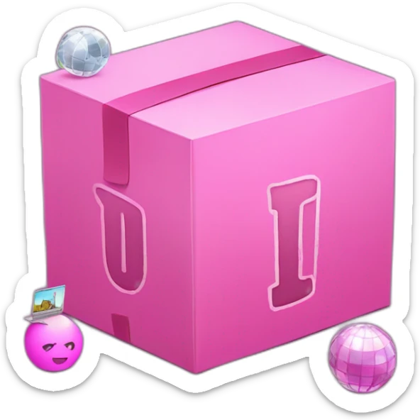 Inside a pink box, the letter "u" is in the middle, and disco ball, laptop, pencil and paint emojis peeking out from around the box. sticker