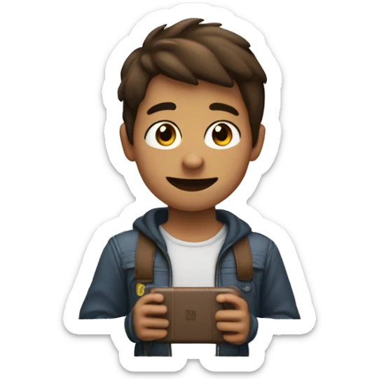 Create an emoji of a boy with brown hair and not-so-brown skin holding a Nintendo Switch and winking sticker