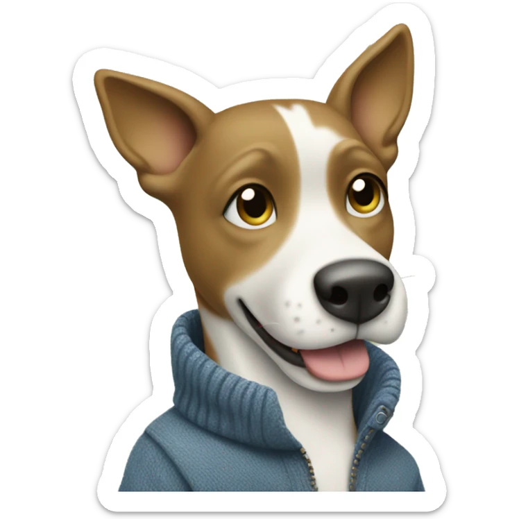 A confident cartoon dog in a gray sweater, blue jeans, and white sneakers on a muted green background. sticker