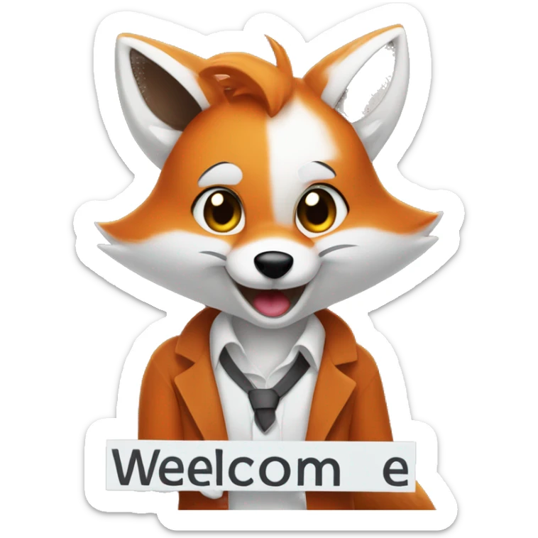 generate an emoji on the topic: a furry fox is holding a sign, and the sign says WELCOME for the discord server sticker