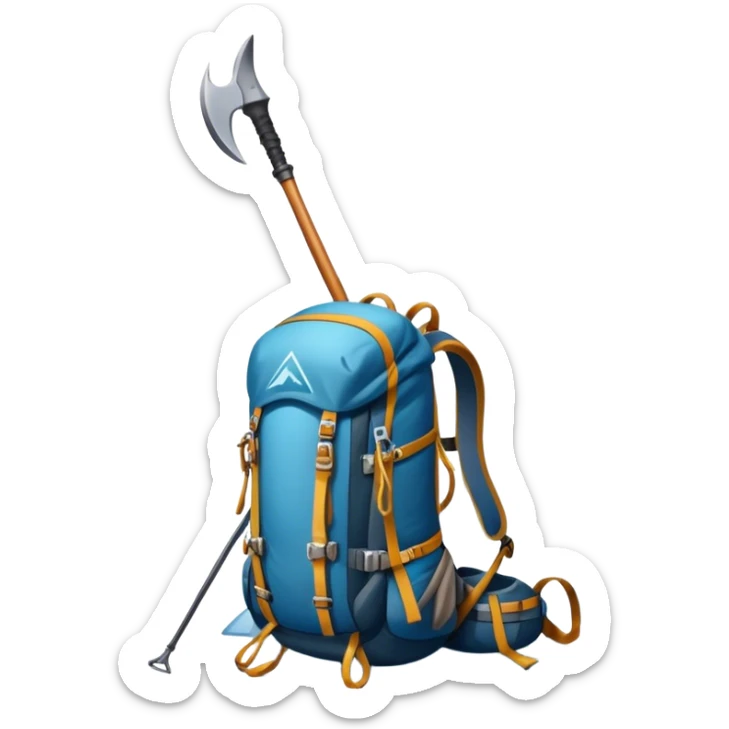 Icon for Mountain Tourism and Climbing: a mountain peak in the background, an ice axe, and climbing gear and backpack. The icon should capture the adventure and challenge of alpine exploration. Transparent background. sticker