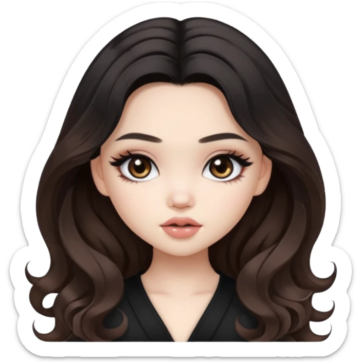 pale skin, girly bratz ASIAN vietnam baddie, beautiful dark brown eyes, pretty makeup, long black to light brown ombré wavy hair sticker
