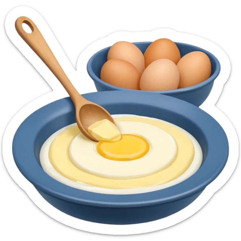 a dozen eggs, a ceramic mixing bowl with a wooden spoon and a plate of butter sticker