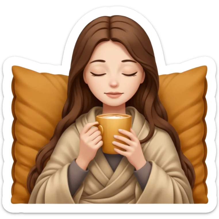 long brown hair woman closed eyes covered with cozy beige blanket, holding cup of coffee, autumn mood sticker