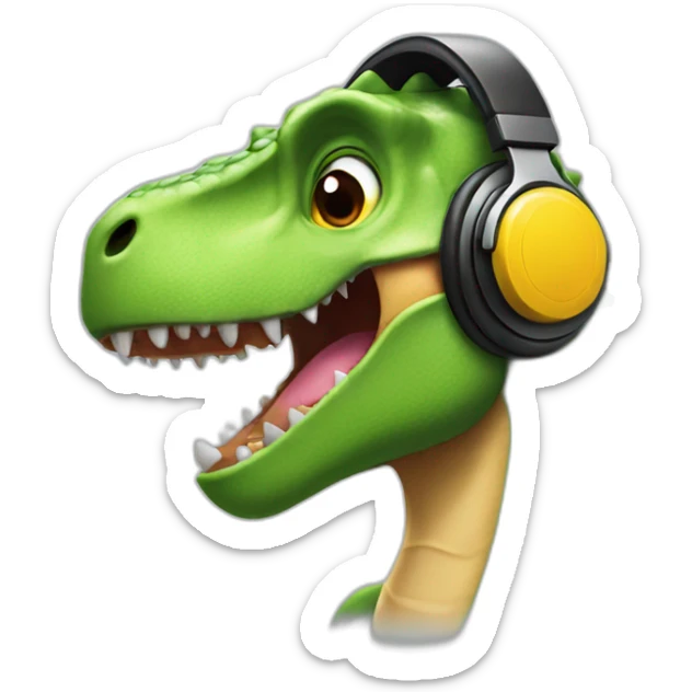 A dinosaur listening to music in headphones looks to its side sticker