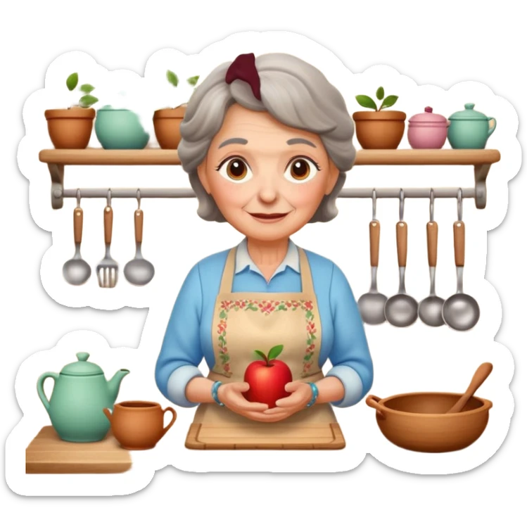 cartoon Apple iOS emoji style rural elderly woman, pastel colors, Chilean wooden kitchen background, clay pots, warm light, detailed and clean vector art sticker