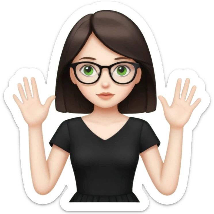 a cute white brunette girl with green eyes in a black dress wearing glasses  with two hands  sticker