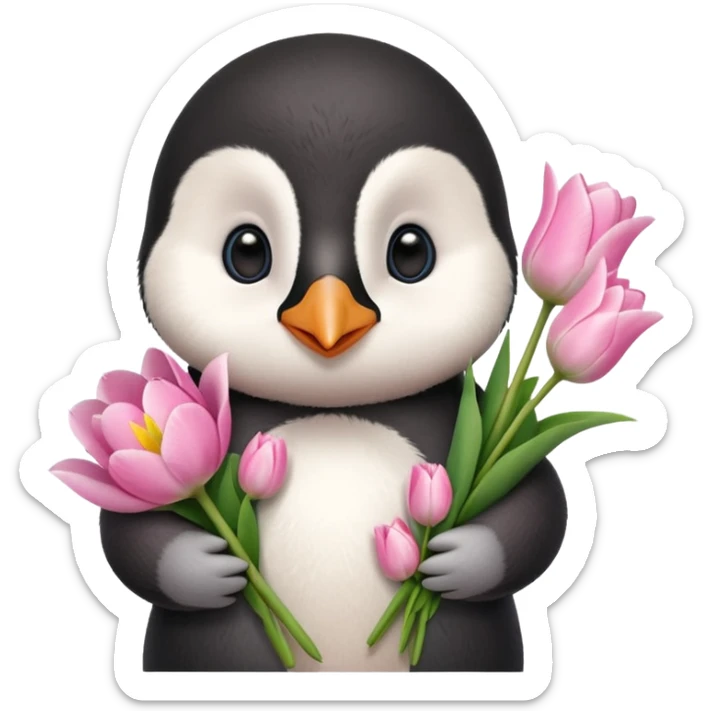 Cute baby penguin holding flower bouquet wraped in white paper and all flowers tulips in pink colour sticker