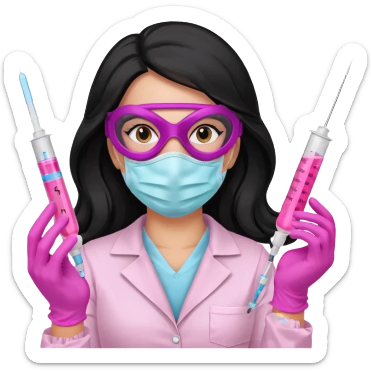 laboratorista con guantes rosa y mascarilla rosa  jeringa tubos  pelo negro largo triguella sticker