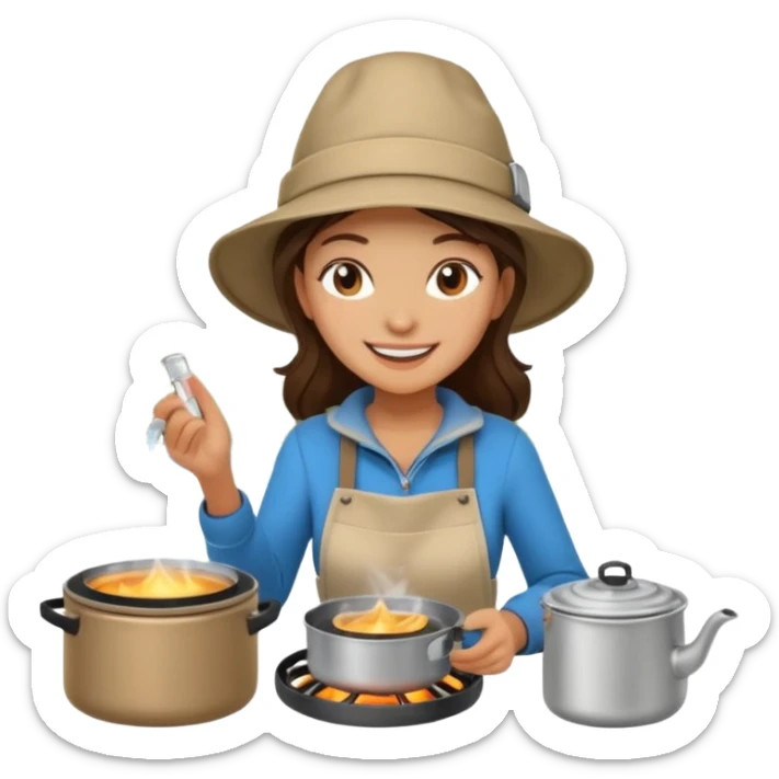 A woman camper boiling water on a portable stove, enjoying the outdoor sticker