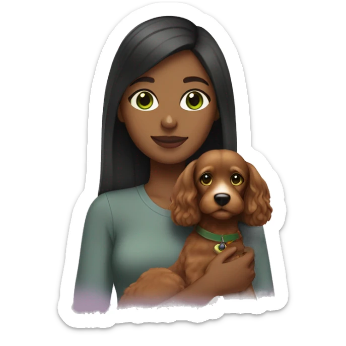 brown girl with straight hair green eyes holding a cavoodle sticker