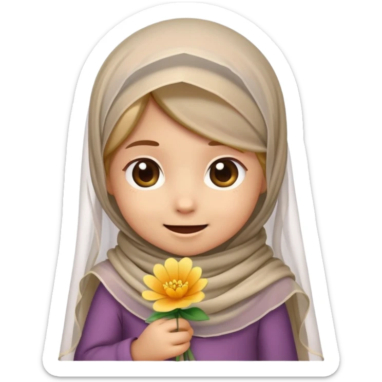 Emoji of a mischievous little girl wearing a veil and a scarf with a flower in her hand sticker