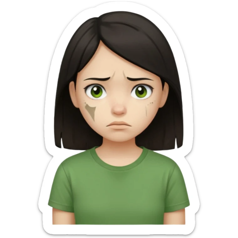 Young girl with straight, dark hair, damaged and unattractive, wearing a green T-shirt, looking sad sticker