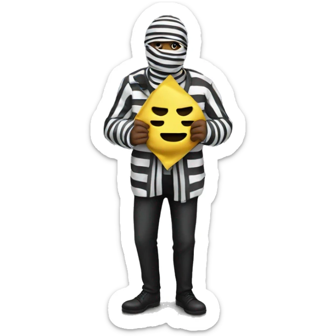 person in striped clothes with a bandit face mask holding a bag of money sticker