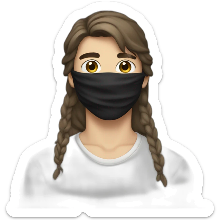 a 17-year-old boy with long brown hair in a square cut, wearing a black bandana with white elements tied on his forehead. Light mustache  sticker