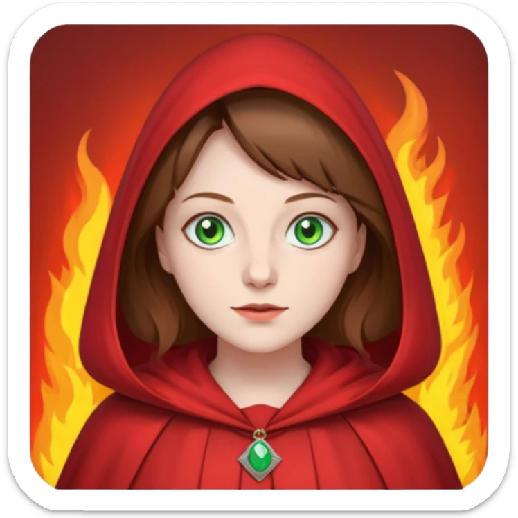Handmaid woman with brown hair and green eyes. Only head. Background fire sticker