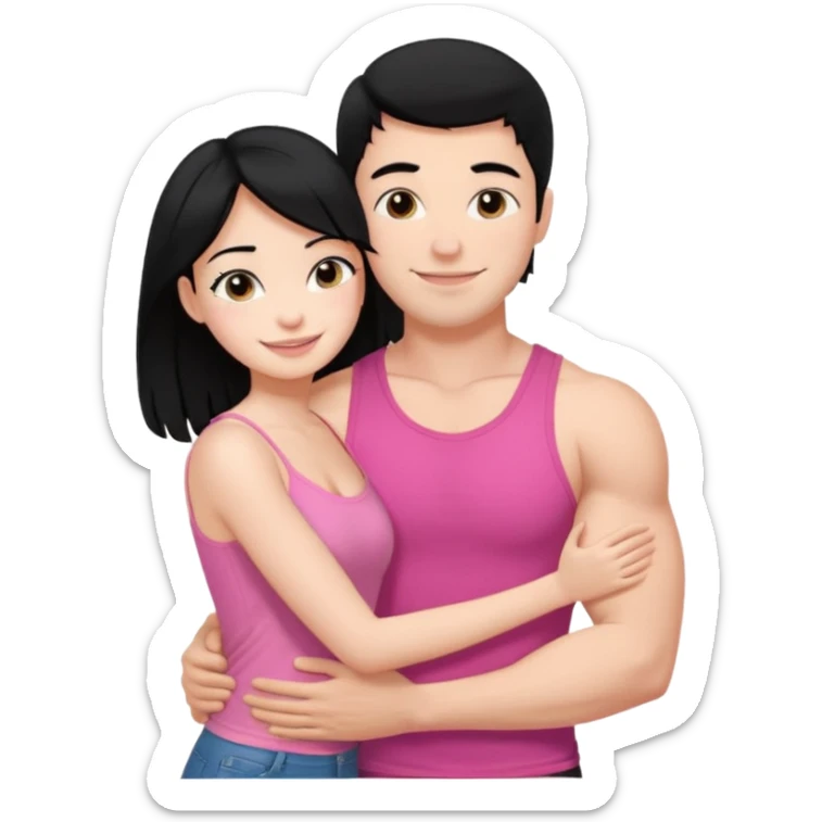 a pretty bratz fair girl. black hair, wearing a pink cami top hugging a handsome fair guy with black hair. lean but muscular who is wearing a black tshirt sticker