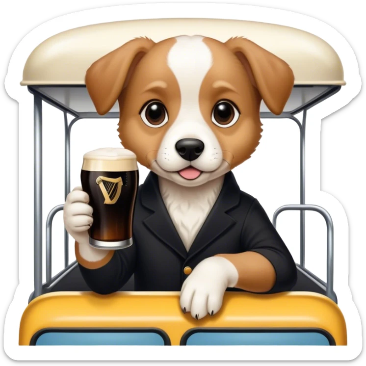 Puppy on a bus drinking a pint of Guinness WHILE “SPLITTING THE G” ON THE GUINESS sticker