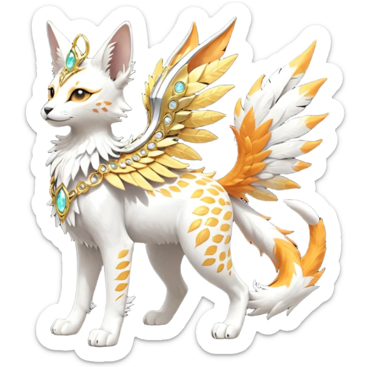 Epic complex fantasy glorious detailed futuristic divine godly angelic feathery sunny, white, albino, pastel, golden, orange glowing sparkly, realistic Fakémon-Sprigatito-Floragato-Meowscarada-Trico-Sergal-Serval-Solgaleo-Vernid-creature (full body) solarpunk, shiny sparkly with a gold laurel sticker