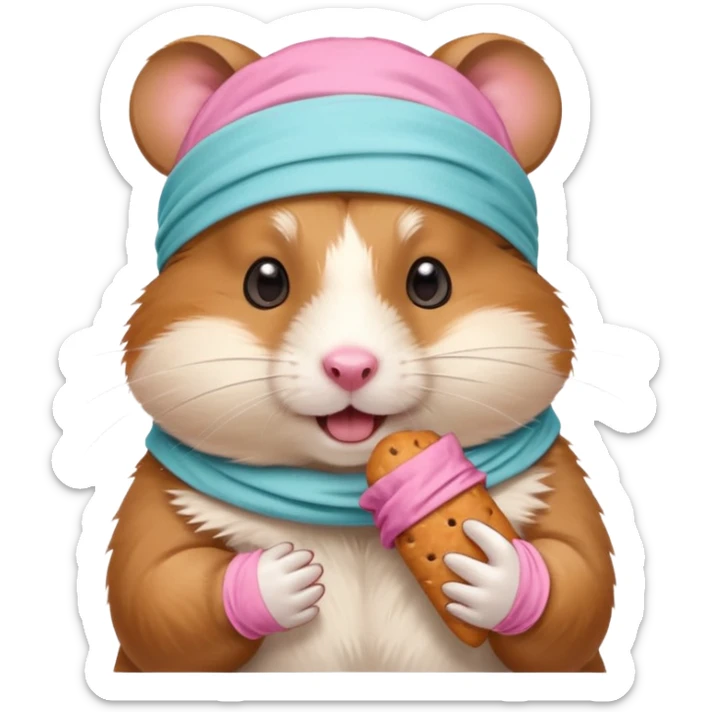 A cheerful hamster patient with head bandage, nibbling a treat for comfort.
 sticker