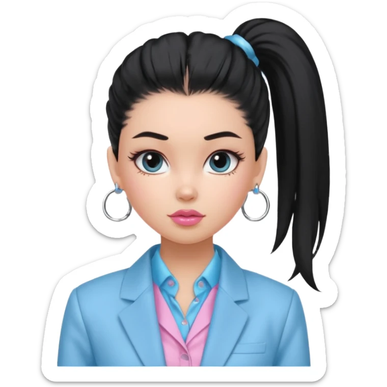 generate a pretty bratz girl wearing a light blue full sleeve shirt, silver small hoops, pink lipgloss, black blazer, hair tied up in a ponytail (black hair) sticker