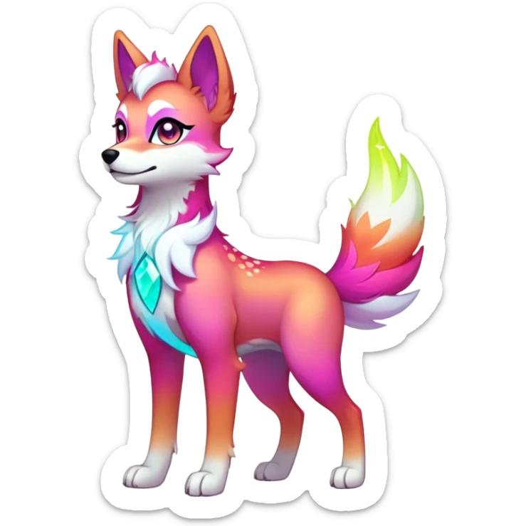 Vibrant multicolored neon-colored Falvie-Fionbri-creature-sparkle-dog-fursona, full body sticker