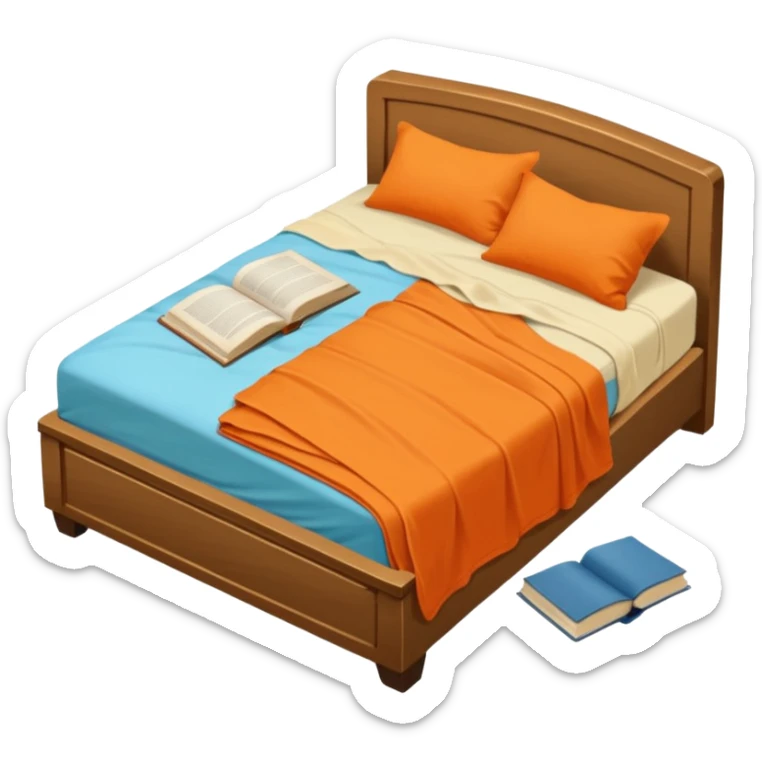 bed with a wrinkled light blue blanket, cream mattress, and one pillow out of place on the floor. Around the bed, scattered items include an orange t-shirt, greenish-blue pants, and an open book on the floor. The background is transparent sticker