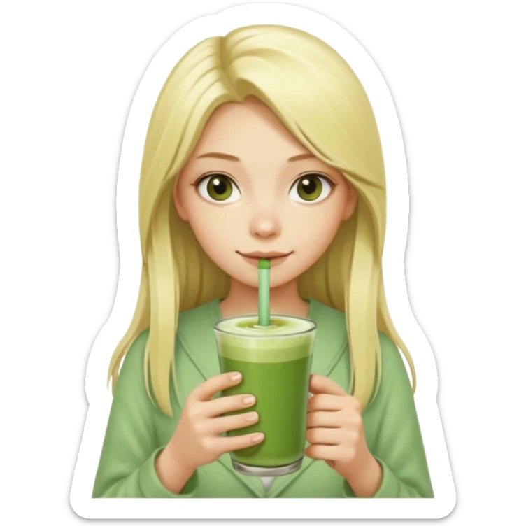 A blonde girl with long hair offers a glass of matcha latte with two straws sticker