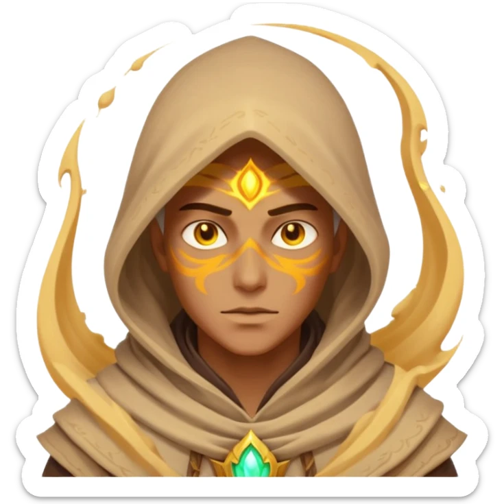 desert sand mage portrait, head and shoulders only, mystical hood, swirling sand aura, glowing eyes, fantasy vibe, 3D cartoon, mobile game icon style, clean background, no text, no watermark
 sticker