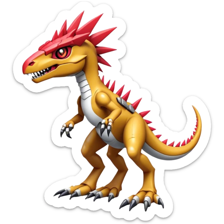 Spiky Cool Edgy Futuristic shiny colorful Digimon-Fakemon-Guilmon-Velociraptor-Mecha, full body, two legs sticker