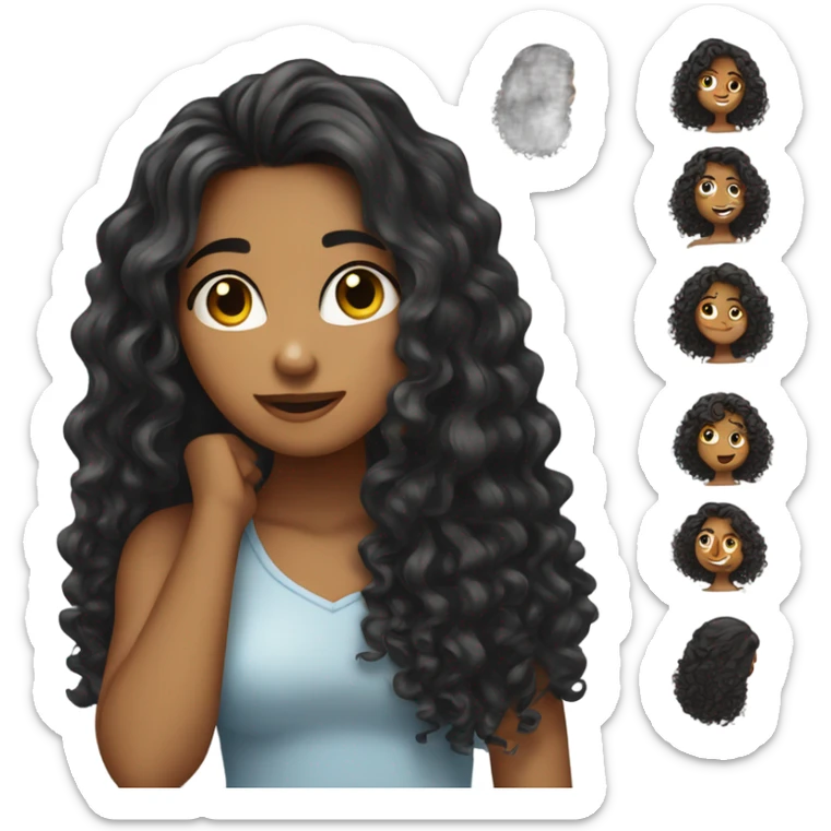 Tan girl with black long curly hair posing with hand in hair sticker