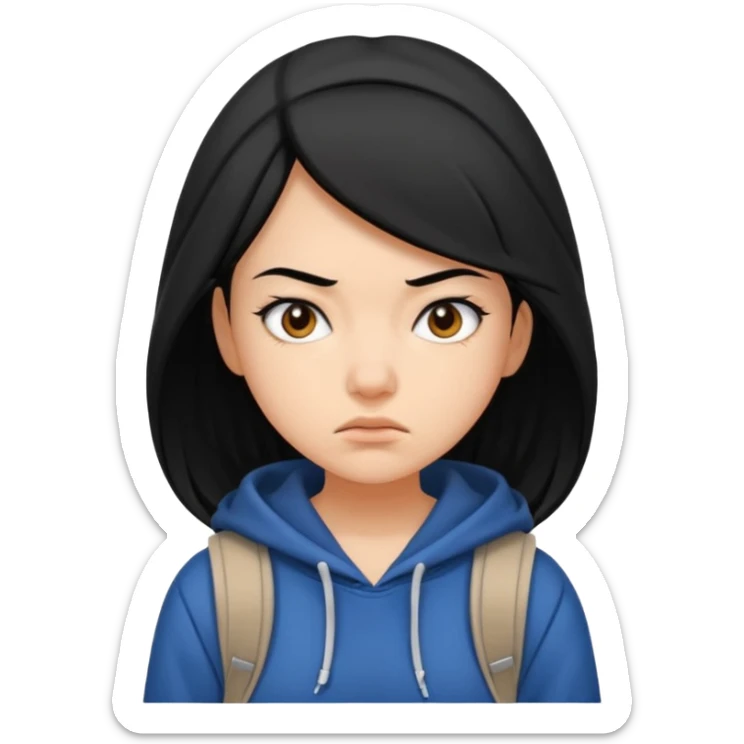 college student with annoyed face , black hair , with hoodie and backpack , girl sticker