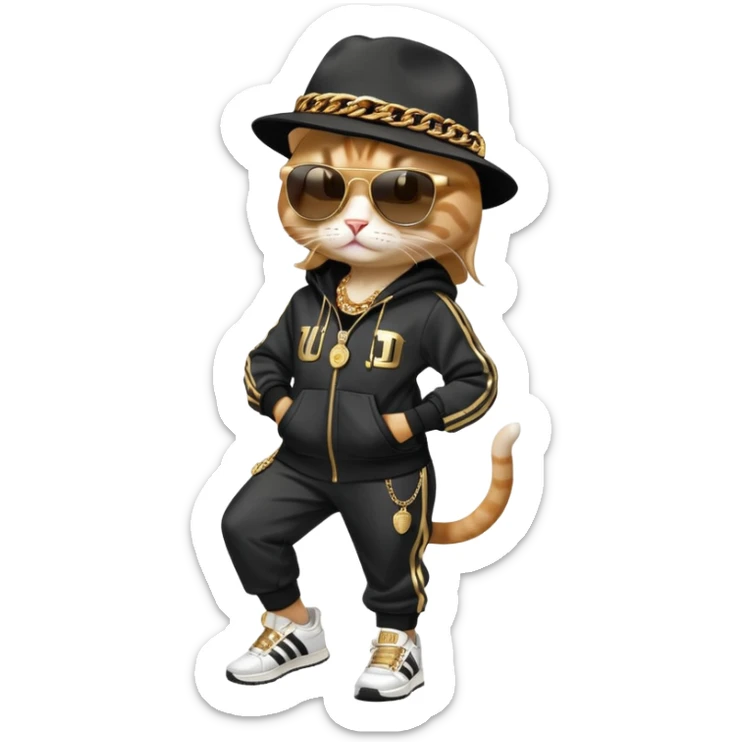 female cat dressed like Run DMC with tracksuit, fedora, Adidas shoes, dark sunglasses, lots of gold chains, upright sticker