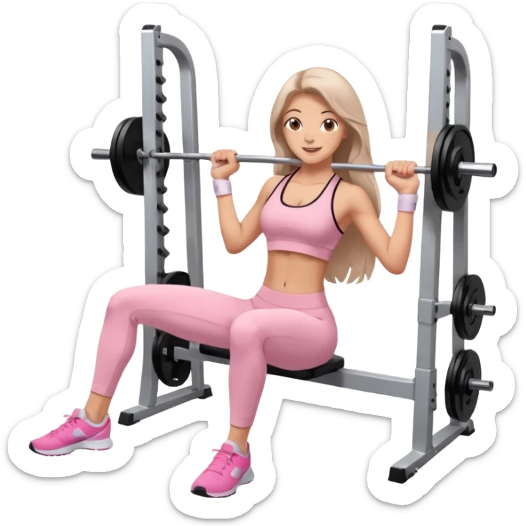 happy pretty white brunette teen long hair with hazel eyes in light pink workout clothes doing a smith machine hip thrust sticker