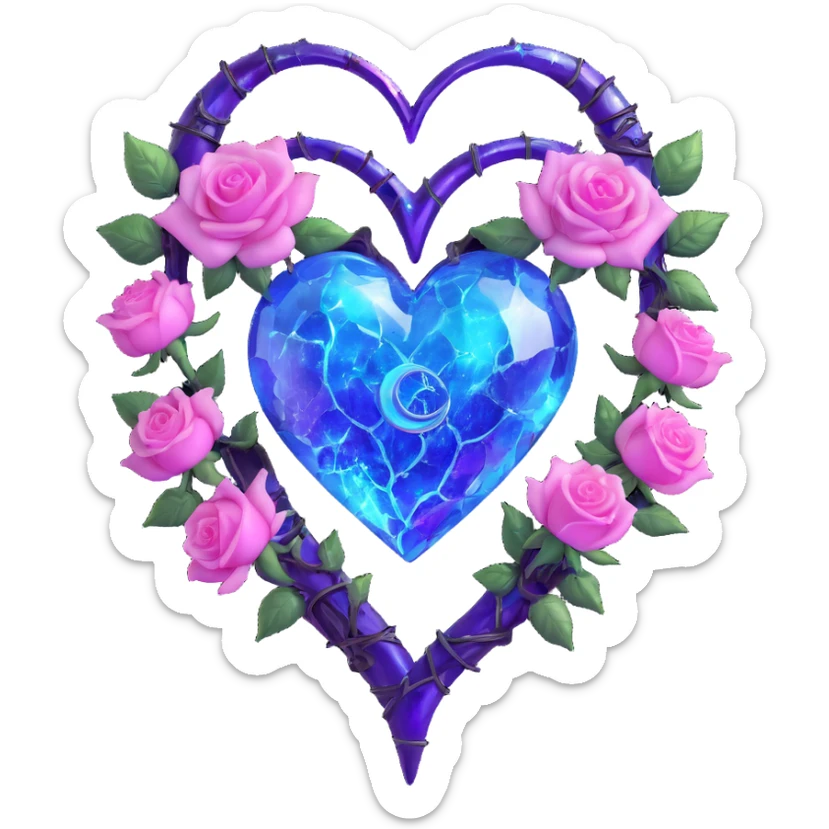 gothic heart made of shimmer amethyst glass, silver crescent moon, glowing blue roses, holographic stardust, neon pink lightning, wet and cracked glass sticker