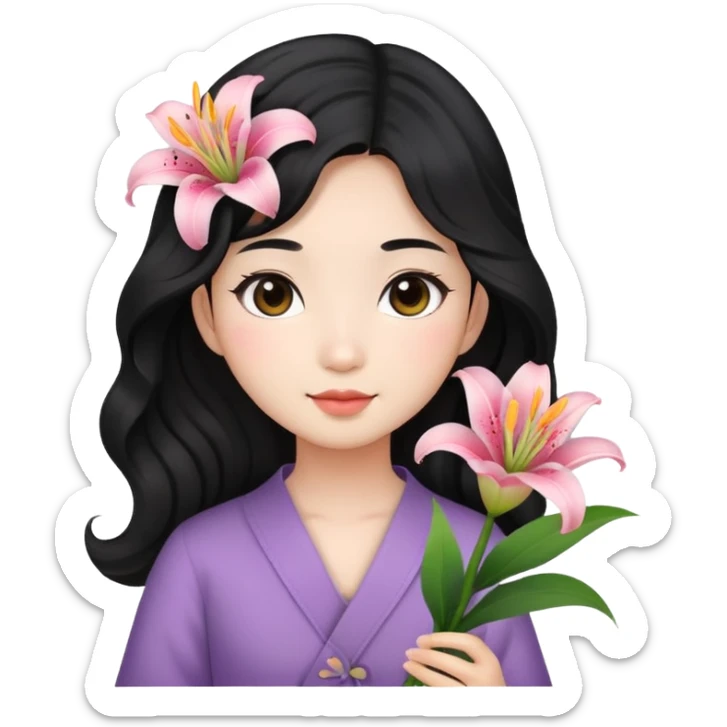 Asian girl, black wavy hair, cute, lily flowers  sticker
