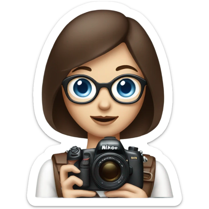 Portrait of stylish woman with blue eyes and chocholate bob hair holding a nikon camera sticker