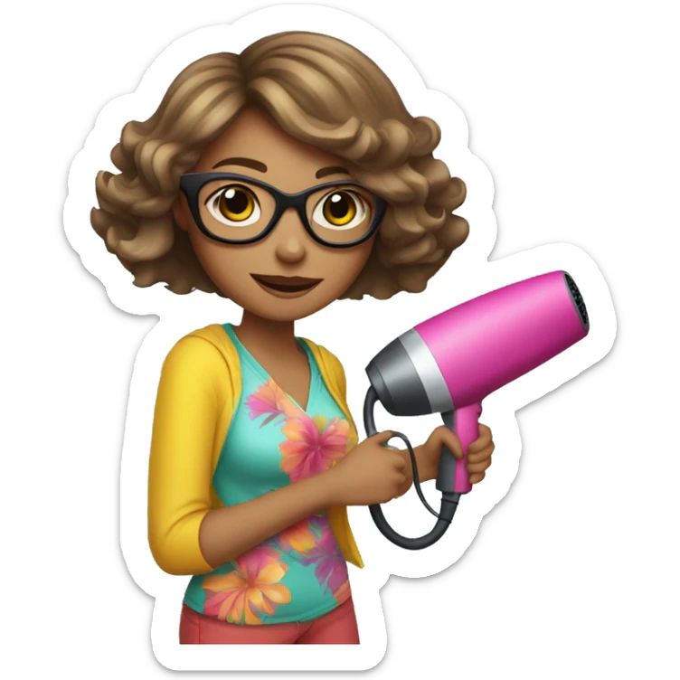 girl white with short shoulder-length hair and glasses holding a hairdryer in one hand and scissors in the other, wearing a colorful outfit sticker