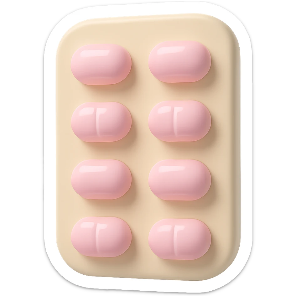 light pastel pink glossy pills in a light beige blister pack, no background, vinyl figure 3D emoji style sticker