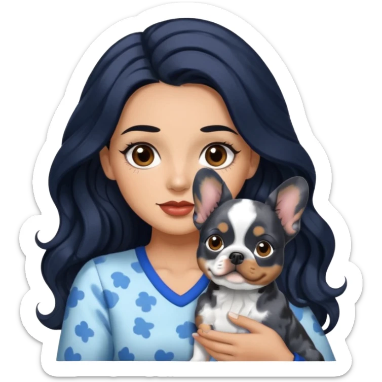 woman with olive skin, brown eyes and long lashes, and long black wavy hair with blue Merle frenchie sticker