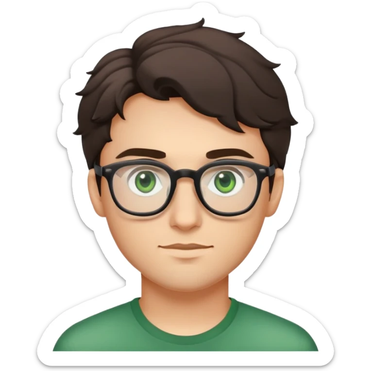 young man with dark slightly curled hair wearing glasses with green eyes and very light stubble, minimal facial hair sticker