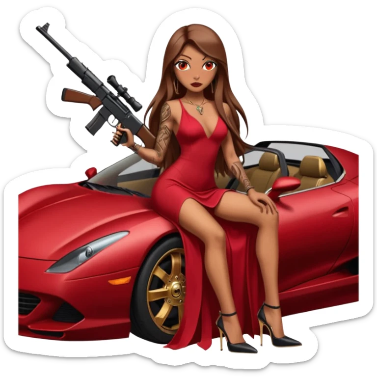 Lilith tan skinfemale red eyes symbol. Tattoo arms. Her hair is brown straight long hair.wearing sexy long ruby covered dress with slit. black stiletto thick platform high heels shoes on. Sitting on gold giant luxury car with cash on her. She is holding a sniper rifle in one hand cash in other hand sticker