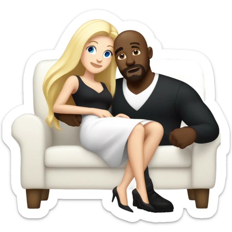 Blonde woman with blue eyes and long straight hair wearing a short black dress and a black man who is bald with a goatee seated together on a sofa enjoying a passionate embrace.   sticker