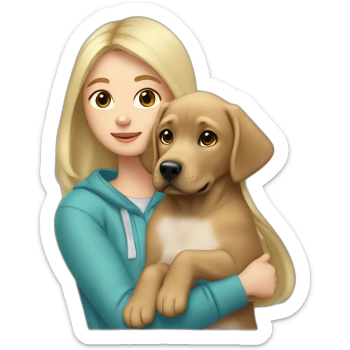 A blonde girl with smooth hair and a ray in the middle of his hair, she has light skin a few freckles, and she wear a hoodies and she Carries in his arms a baby black labrador dog  sticker