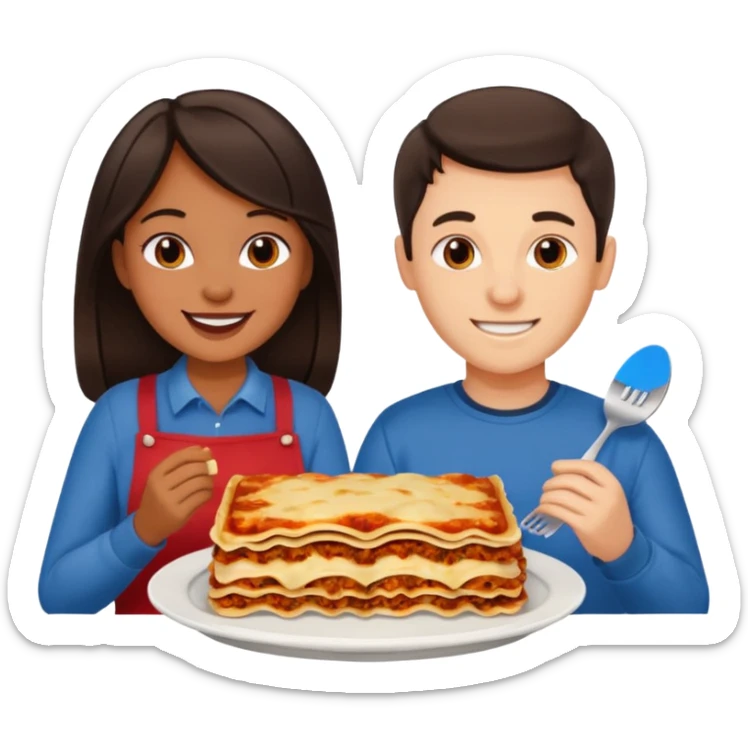 smiling tan girl with dark hair and white guy with dark hair eating lasagna sticker