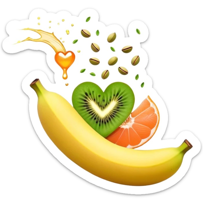 Banana, spinach, salmon fillet, sliced kiwi, pistachios, and a glass of orange juice emitting electrical sparks that flow toward a heart and nervous system. The electrical currents highlight the role these potassium-rich foods play in maintaining heart rhythm and muscle function. sticker