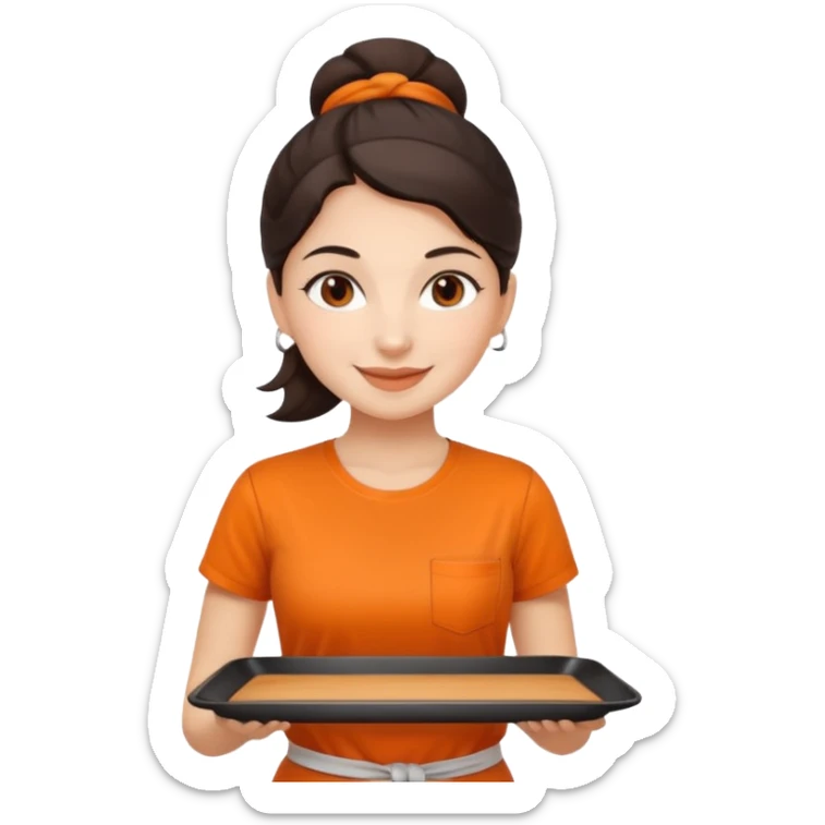 Create an iOS-emoji-style illustration of a cheerful female barista with bright fair skin and dark hair tied back. She wears an orange barista T-shirt and holds a brown serving tray. Style should be soft, rounded, and minimal like Apple emoji. sticker