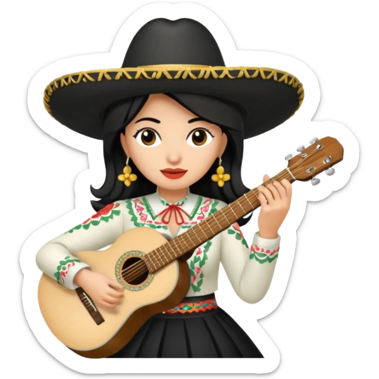 Mujer blanca con cabello negro teniendo un sombrero de mariachi sosteniendo una guitarra sticker